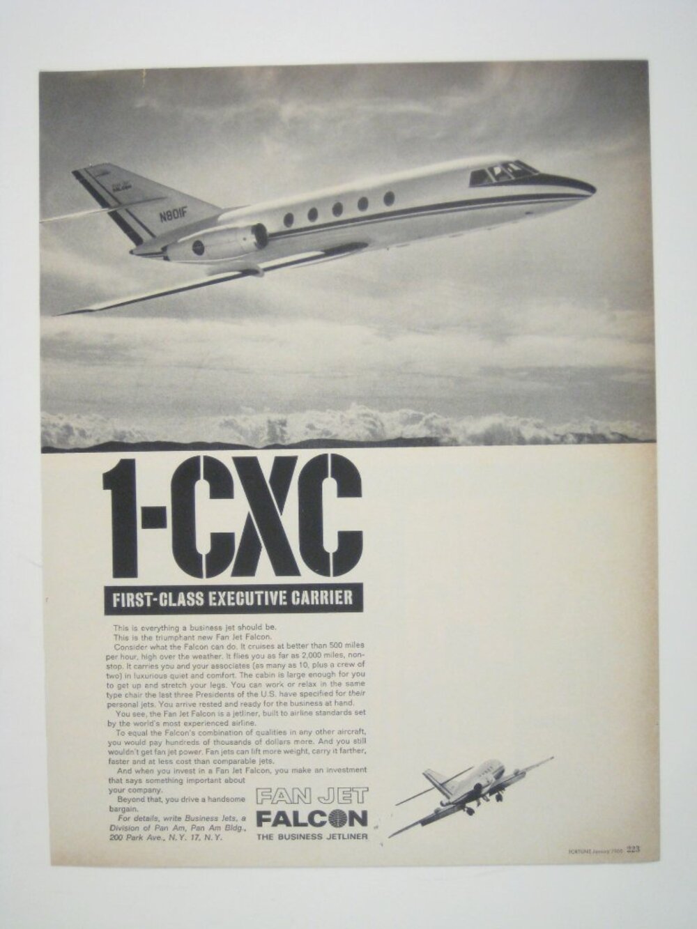 1-CXC First Class Executive Carrier 1966 Print Ad Airplane Falcon Fan Jet TEAR